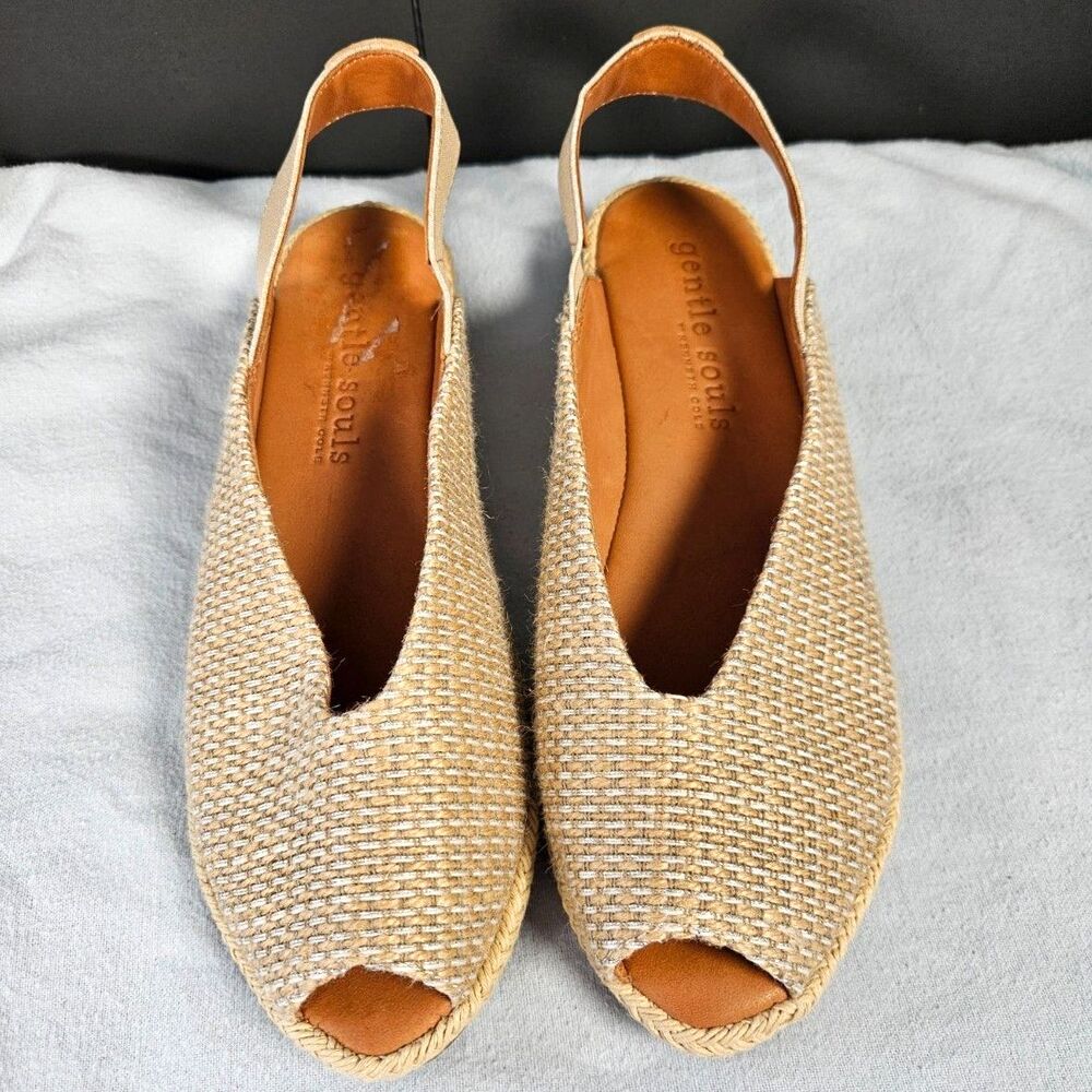 Gentle Souls Kenneth Cole Luci Slingback Metallic Woven Espadrille Wedges 9